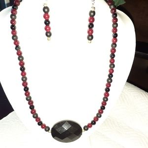 One of a kind Handmade Necklace and earring set Red and black